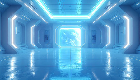 futuristic scifi space tunnel corridor with nice reflection 3d renderingの素材