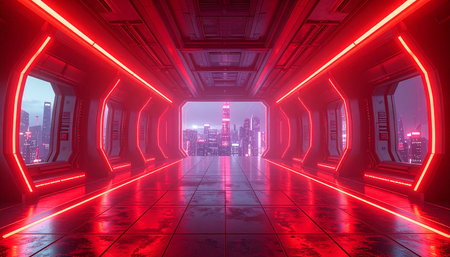 Futuristic corridor with glowing neon lights, 3D rendering.の素材