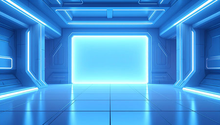 Futuristic blue room with glowing lights, 3D rendering backgroundの素材