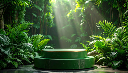 Green round podium in the tropical jungle. 3d render design.の素材