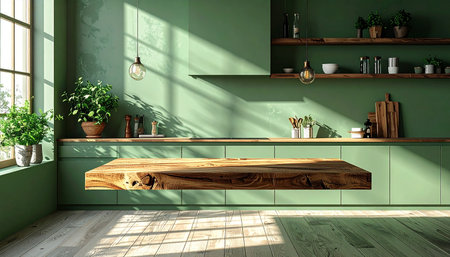 Interior of modern kitchen with green walls, wooden countertop and wooden cupboard. 3d renderの素材