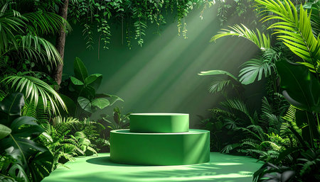 Green round podium in tropical botanical garden. 3d render illustrationの素材