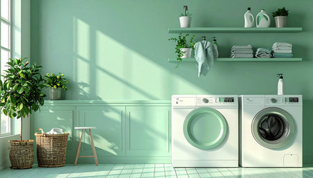 Laundry room with washing machine and basket - 3d renderingの素材