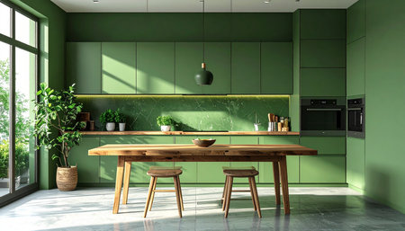 Green kitchen interior with a wooden table and chairs, 3d renderの素材