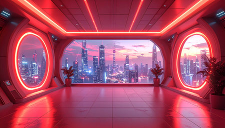 Futuristic interior with city view and neon lights. 3D renderingの素材