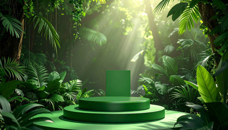 Green podium in the tropical jungle. 3d render illustration design.の素材