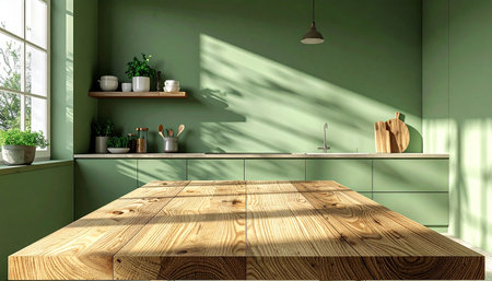 Interior of modern kitchen with green walls, wooden floor, white countertops and green cupboards. 3d renderの素材