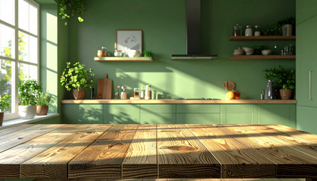 Empty wooden table in front of green kitchen interior. 3D Renderingの素材