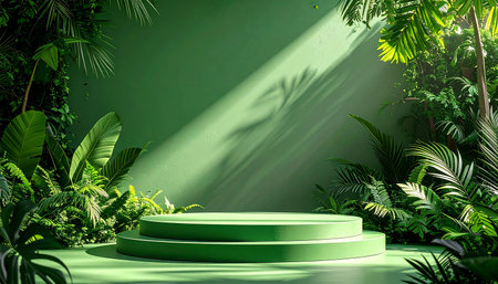 Green round podium with palm leaves in tropical garden. 3d renderの素材