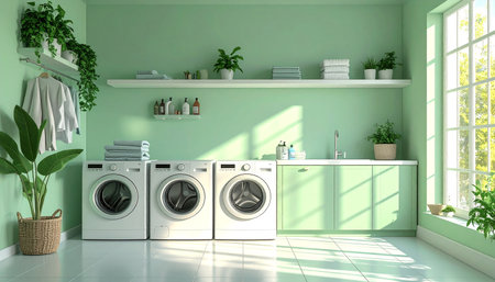 3d rendering of a laundry room with washing machine in green interiorの素材