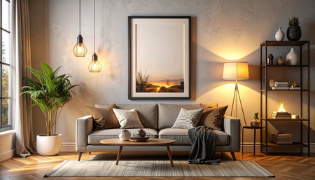 Interior of living room with brown sofa and lamp, 3D renderingの素材