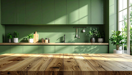 Green kitchen interior with wooden floor, panoramic window and green walls. 3d renderの素材