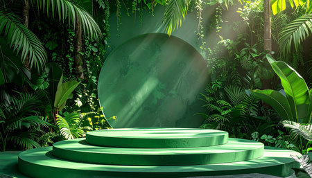 Green round podium in tropical jungle. 3d render illustration design.の素材