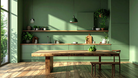 Kitchen with green wall and wooden table - 3D Renderingの素材