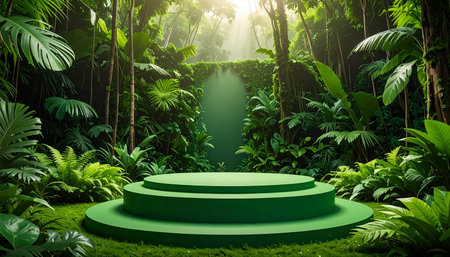 Green podium in tropical jungle. 3d render illustration background design.の素材