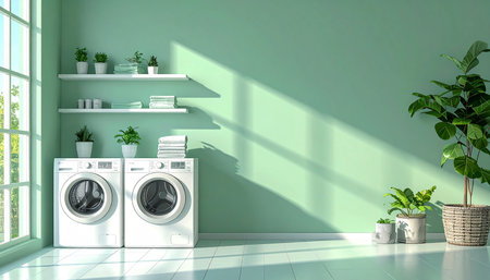 Laundry room with washing machine and plants - 3d renderingの素材