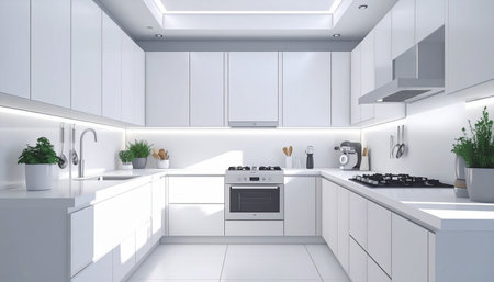 3d Illustration of white modern kitchen in a house with a beautiful designの素材