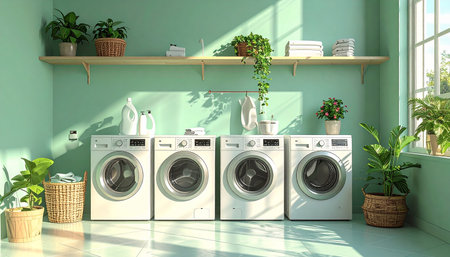 Laundry room with washing machine and plants. 3d renderingの素材