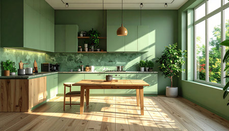 Kitchen with green walls, wooden floor and green countertops. 3d renderingの素材
