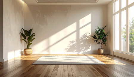 interior with white walls, wooden floor and plant 3d renderingの素材
