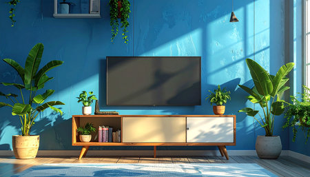 TV on cabinet in modern living room with blue wall and plants - 3d renderingの素材