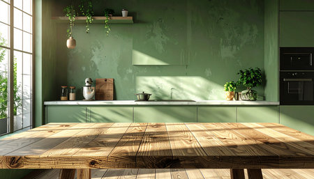 interior of modern kitchen with green walls, wooden floor and green countertopsの素材