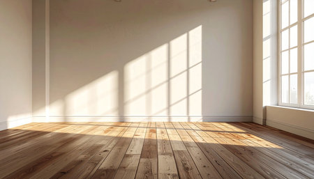 Empty room with window and wooden floor. 3d render illustration.の素材