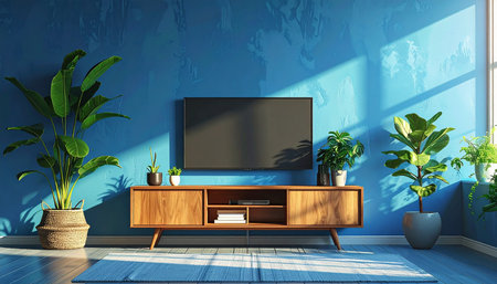 TV on the cabinet in modern living room with blue wall and tropical plants. 3d renderingの素材