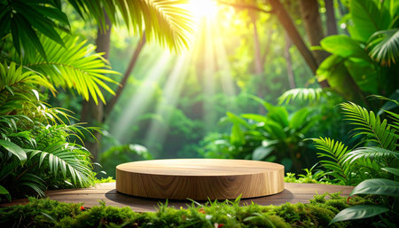 Wooden podium in the tropical garden. 3d rendering mock upの素材