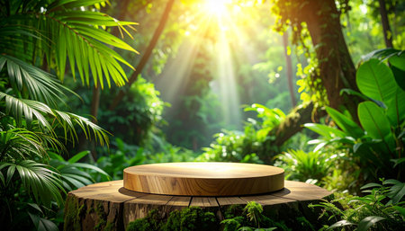Wooden podium in the tropical forest with sunlight. 3d renderの素材