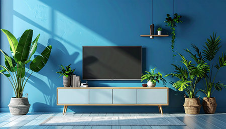 TV in modern living room with blue wall and plants. 3d renderingの素材