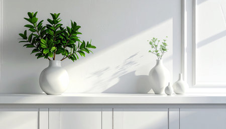 White shelf with plant in vase on white wall. 3d renderの素材