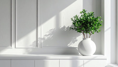 White vase with plant on white wall. 3D rendering.の素材