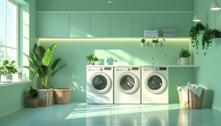 Laundry room with washing machines and plants. 3d renderingの素材