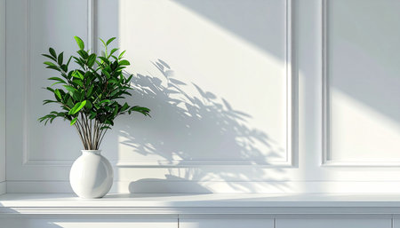 3D render of white interior with plant in vase on white wallの素材