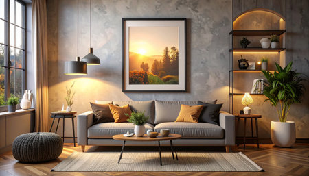 Interior of modern living room with grey sofa, bookshelf, coffee table and plants. 3D renderingの素材