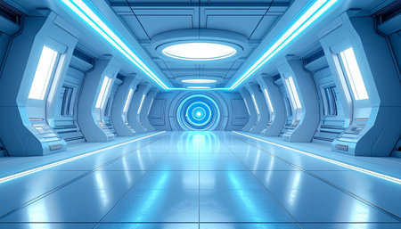 futuristic scifi space tunnel corridor with blue lights 3d renderingの素材
