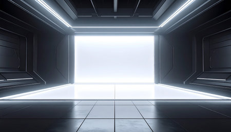 Futuristic black corridor with glowing lights 3d rendering mock upの素材