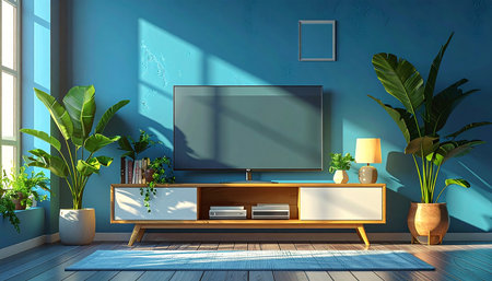 TV in modern living room with blue wall, 3d rendering.の素材