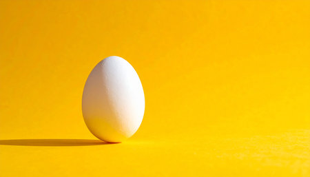 One white chicken egg on a yellow background. Close-up.の素材