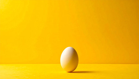 One white egg on yellow background. Minimal easter concept.の素材