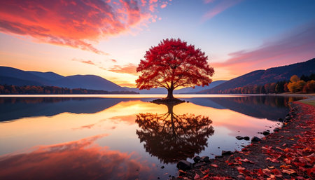 Colorful autumn landscape with lake and tree. Sunset over lake.の素材
