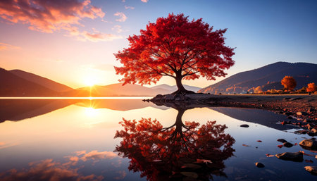 Autumn landscape with lonely tree on the lake shore. Sunset.の素材