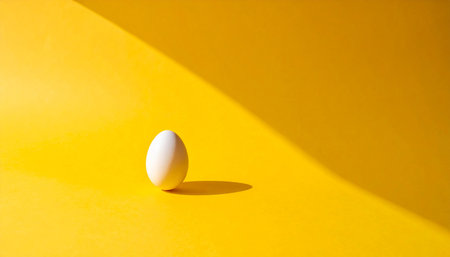 One white egg on a yellow background with a shadow from the sunの素材