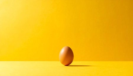 One brown egg on yellow background. Minimal easter concept.の素材