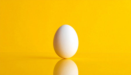 One white egg on a yellow background with reflection and copy space.の素材