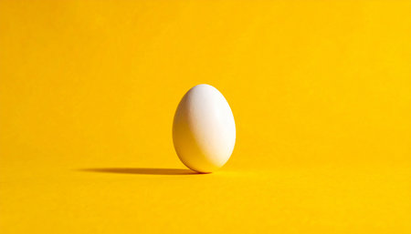 One white chicken egg on a yellow background. Close-up.の素材