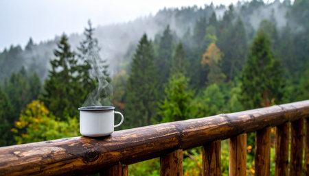 Cup of hot drink on wooden terrace in foggy forestの素材