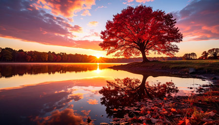 Autumn sunset over lake with reflection of tree in water. Colorful autumn landscape.の素材