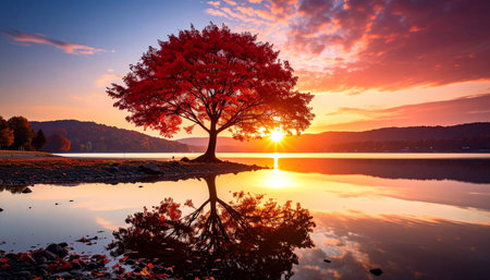 Beautiful autumn landscape with a tree on the shore of a lake at sunsetの素材